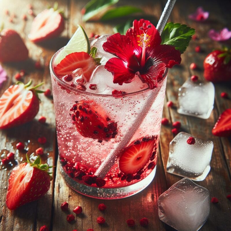 Strawberry Hibiscus Splash Mocktail. natural